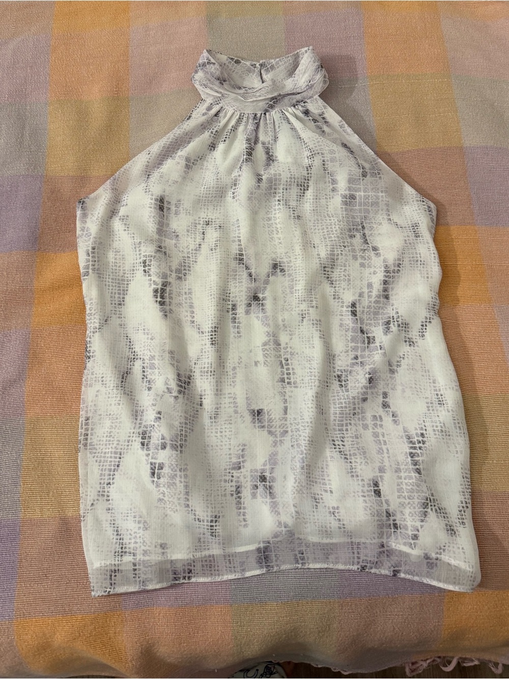White House Black Market White and Light Gray Snake-Print Halter Blouse - Small